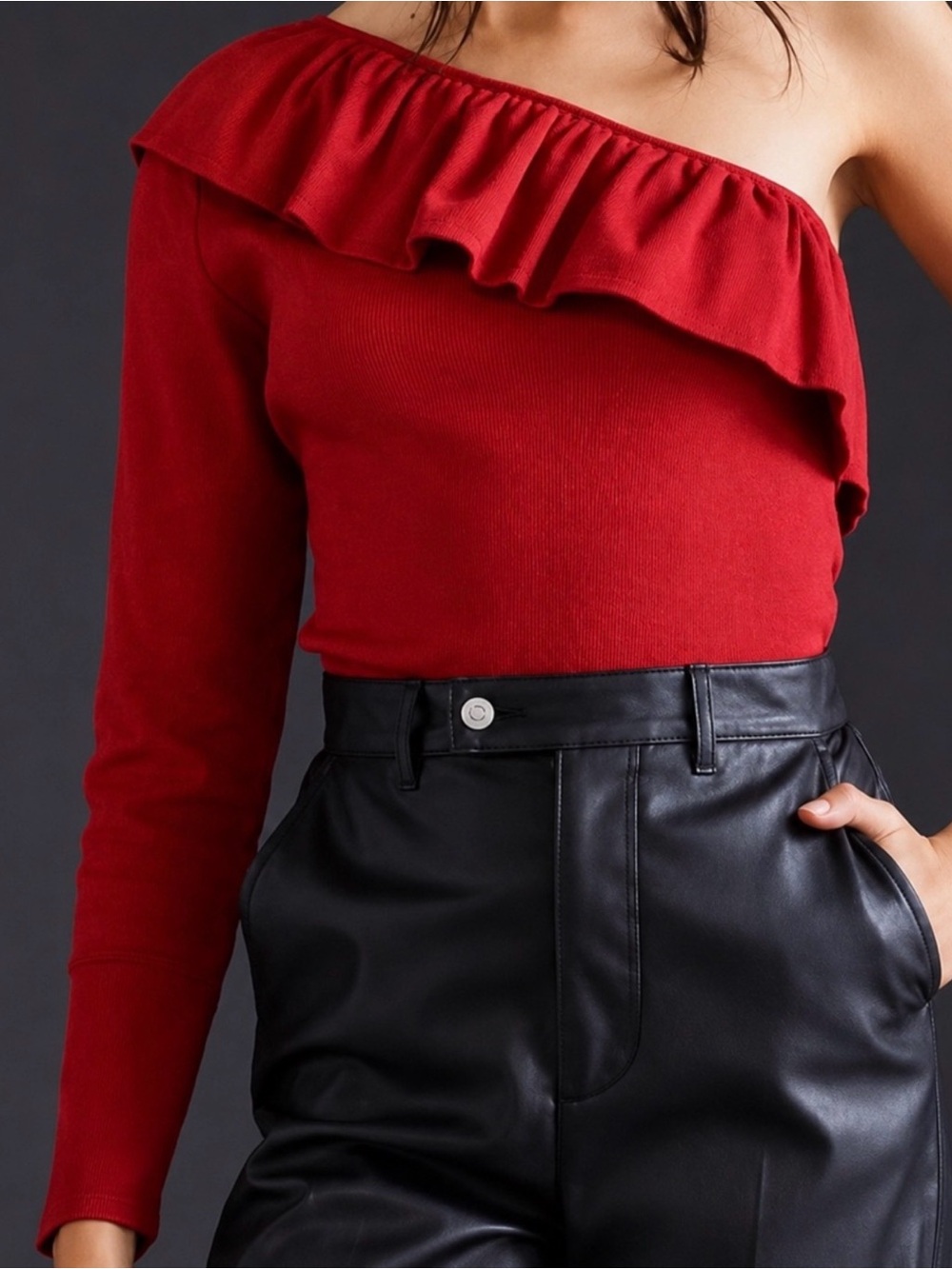 Anthropologie One-Shoulder Ruffle Top in Bright Red